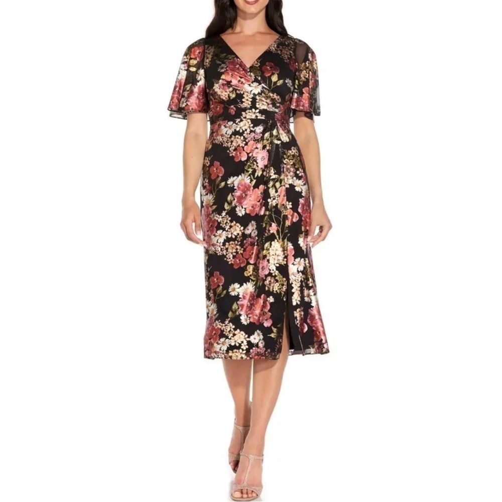Adrianna Papell Foiled Mesh Draped Midi Dress Front Slit Black Multi 2 Petite